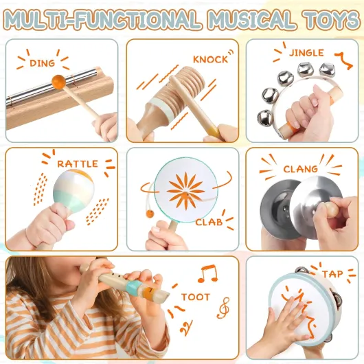 Instruments de Musique pour bébés – Jouets musicaux Montessori pour Enfants, Ensemble d'instruments à Percussion en Bois, Jouets musicaux aux Couleurs Neutres, Cadeaux pour Les Tout-Petits Multicolored