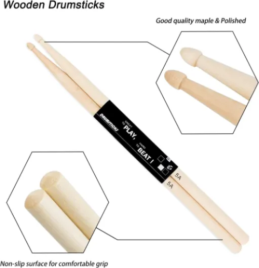 Ensemble de baguettes de batterie comprenant 5 baguettes de batterie 5A en bois d'érable, brosses à batterie rétractables, baguettes de batterie avec sac de rangement