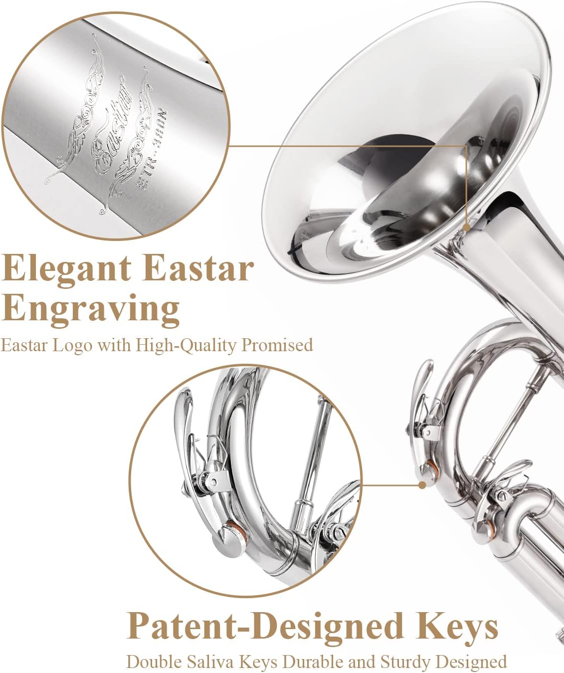 Coffret trompette Eastar en si bémol pour débutants, instrument de musique en cuivre pour étudiants, étui rigide, kit de nettoyage, embouchure 7C et gants, ETR-380N, argent Argenté