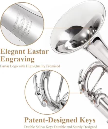 Coffret trompette Eastar en si bémol pour débutants, instrument de musique en cuivre pour étudiants, étui rigide, kit de nettoyage, embouchure 7C et gants, ETR-380N, argent Argenté