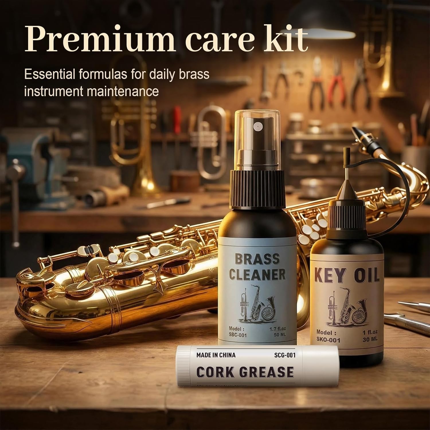 Kit universel de nettoyage et d'entretien pour instruments à vent en laiton Trompette, Trombone, Cornet – Huile pour clés, nettoyant pour laiton, graisse pour liège, chiffons de nettoyage Basic Kit