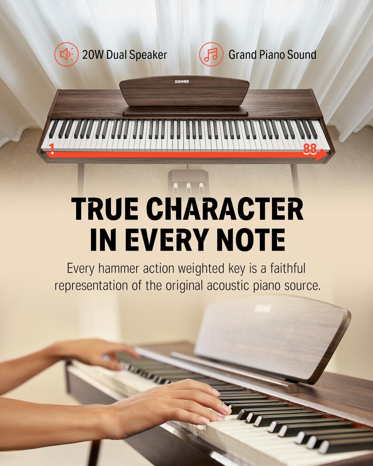 DDP-80 Piano numérique, clavier de 88 touches, piano électrique complet de taille standard avec support, triple pédale, connectivité MIDI et interface casque, couleur en bois de noyer 126 cm (W) x 35 cm (L) x 75 cm (H) marron