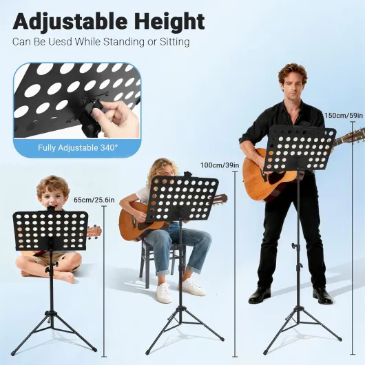 Pupitre de Musique 2 en 1 - Support Partitions et Pupitre de Table, Pliable, Léger, Portable et Hauteur Réglable avec Sac de Transport Idéal pour la Batterie, l'orchestre et Autres Spectacles Musicaux